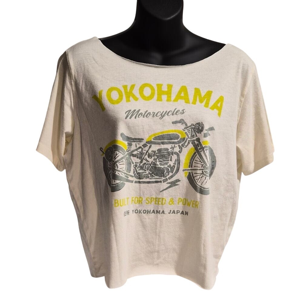 Yokohama Motorcycles Graphic Tee Cream Raw Hem Scoop Neck T-Shirt Large